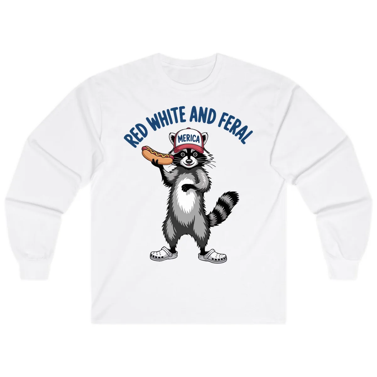 Red White and Feral Raccoon Hot Dog Long Sleeve in White