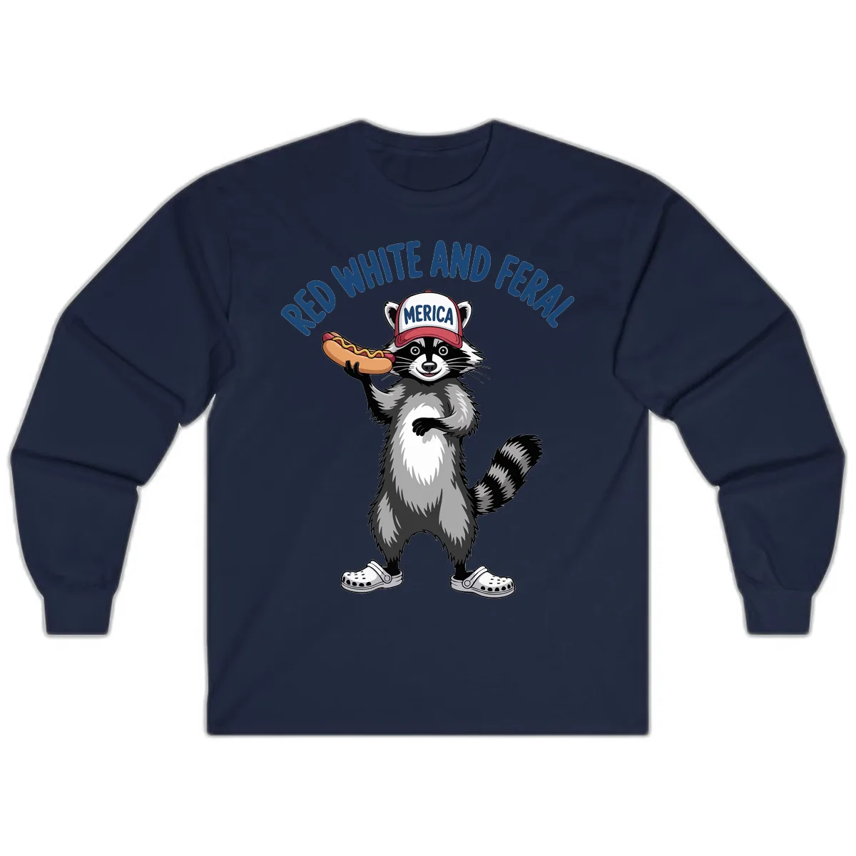 Red White and Feral Raccoon Hot Dog Long Sleeve in Navy