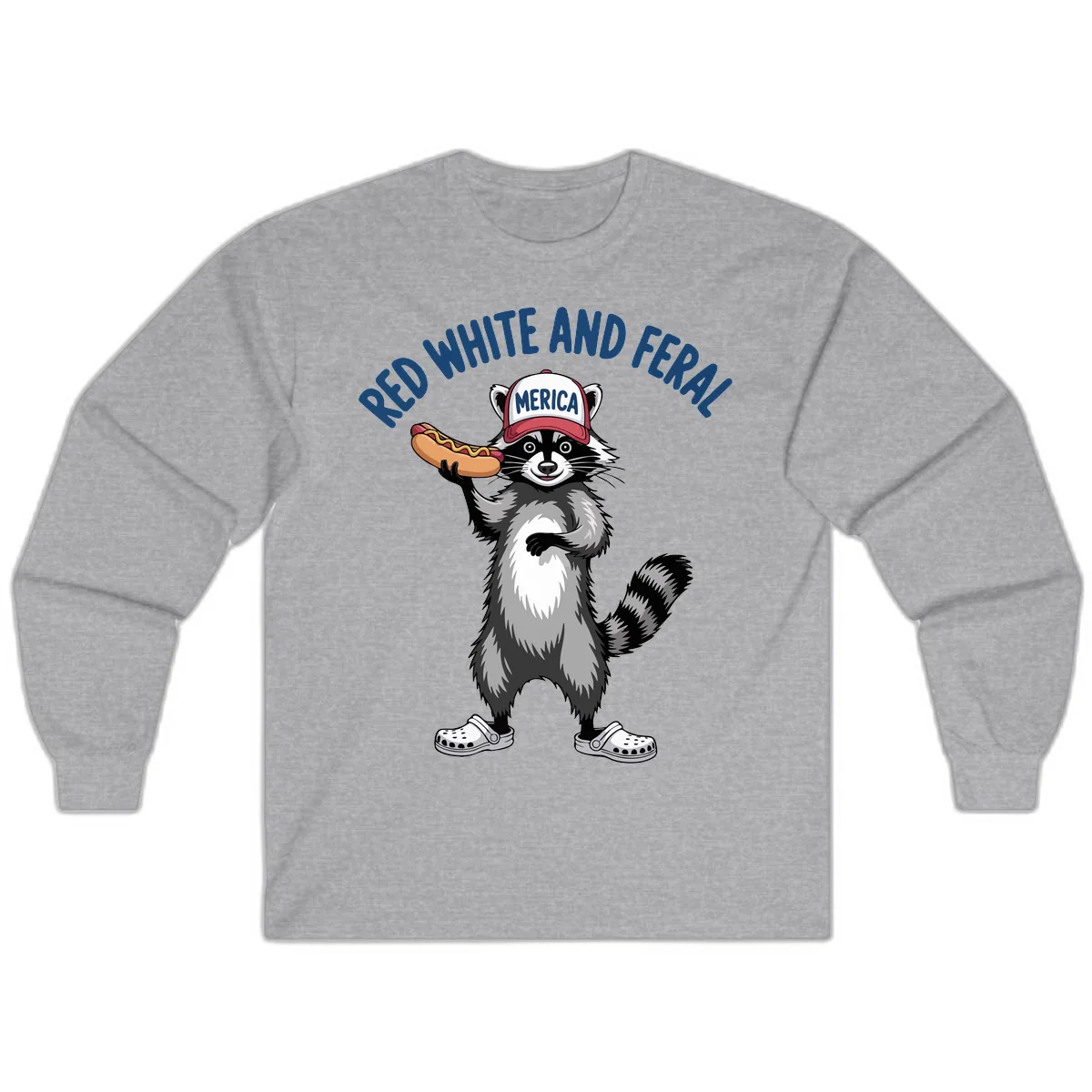 Red White and Feral Raccoon Hot Dog Long Sleeve in Sport Grey