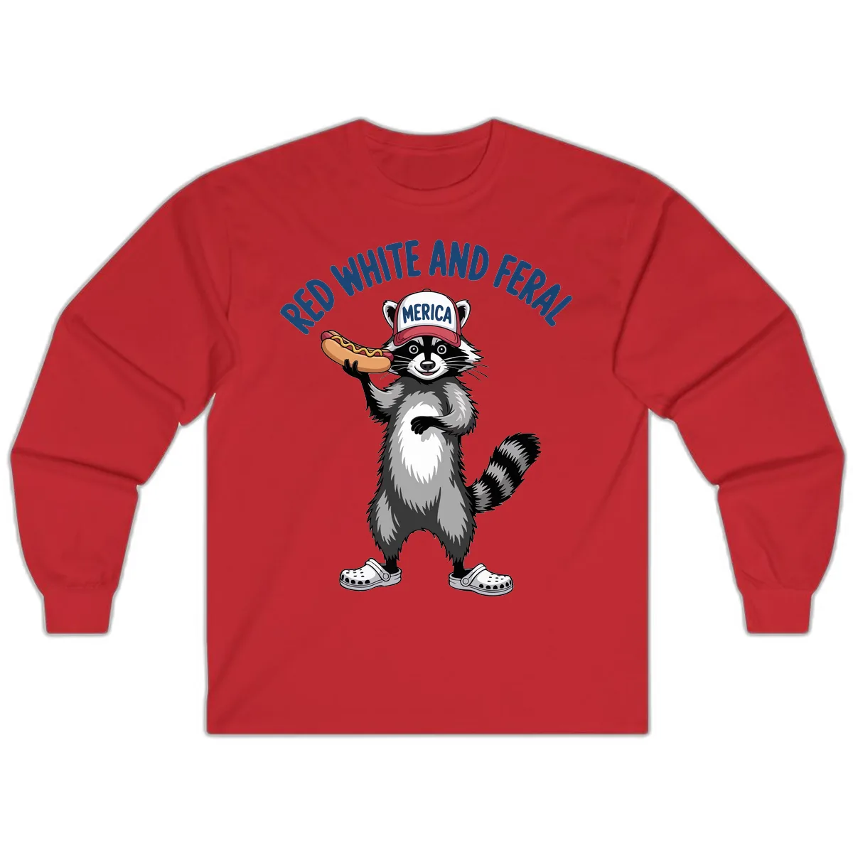 Red White and Feral Raccoon Hot Dog Long Sleeve in Red