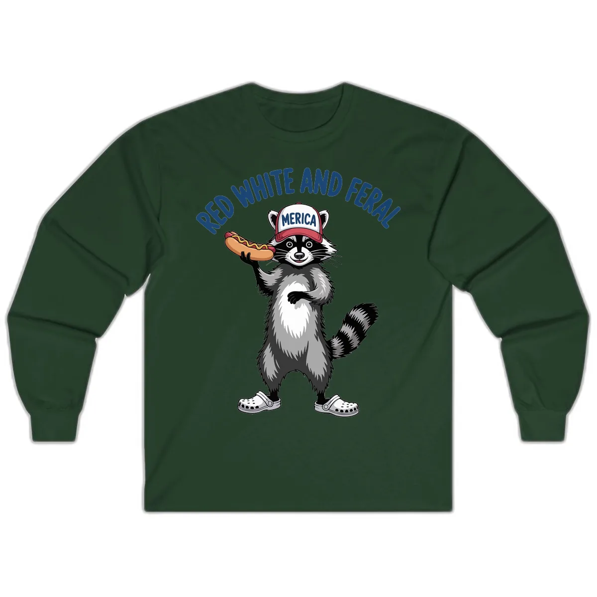Red White and Feral Raccoon Hot Dog Long Sleeve in Forest Green