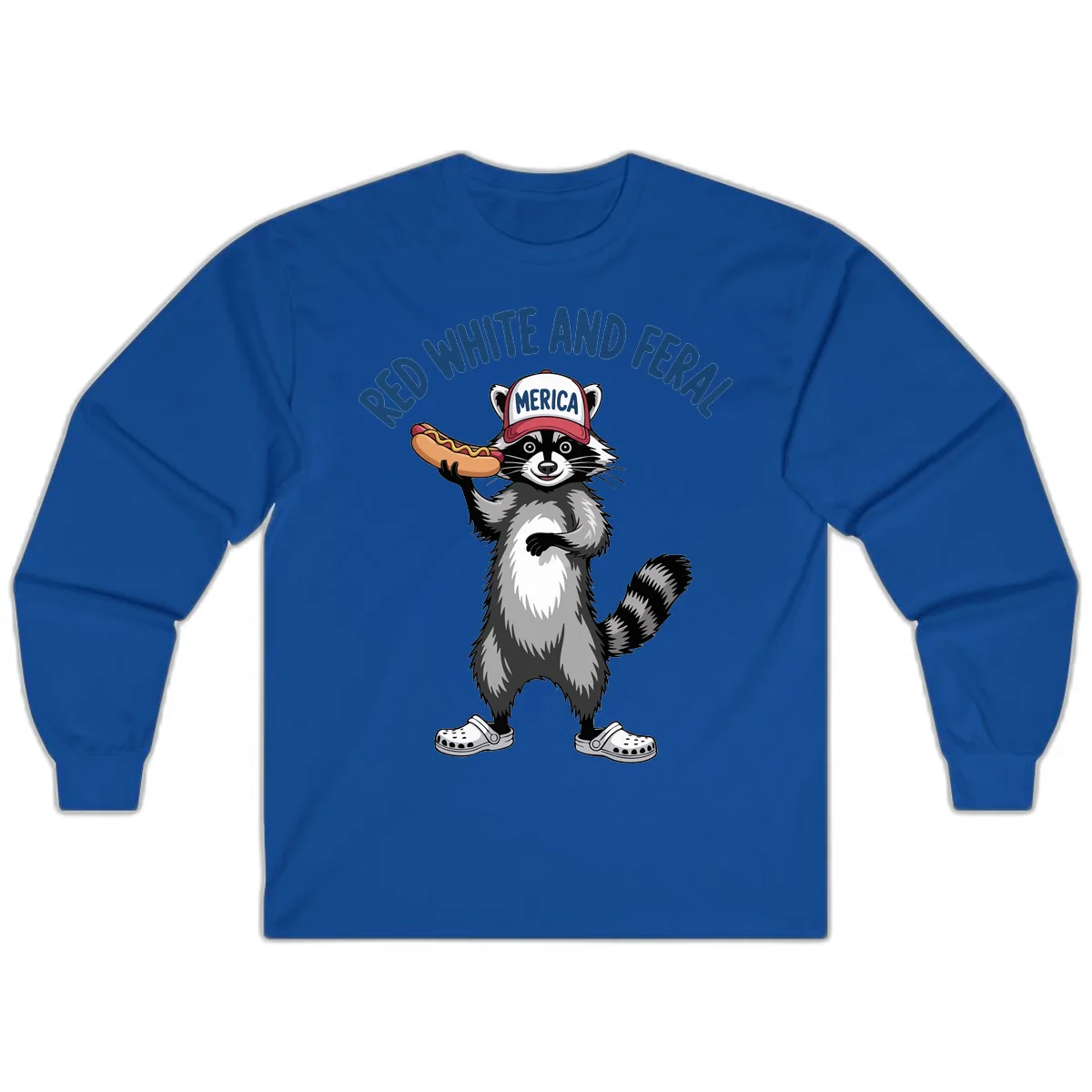 Red White and Feral Raccoon Hot Dog Long Sleeve in Royal