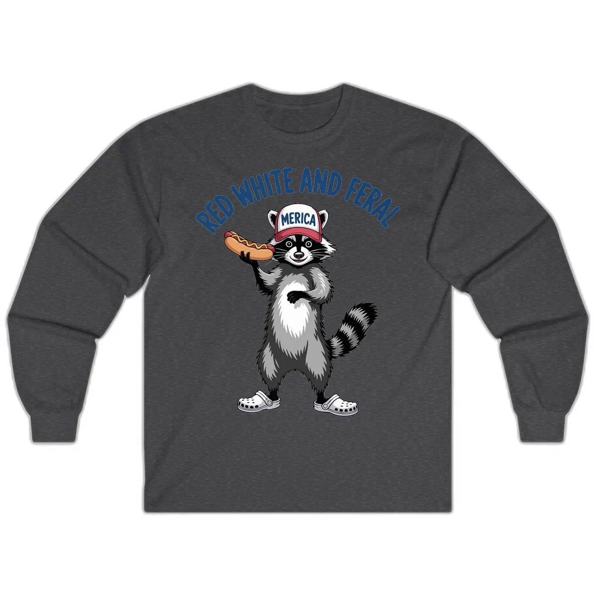 Red White and Feral Raccoon Hot Dog Long Sleeve in Dark Heather