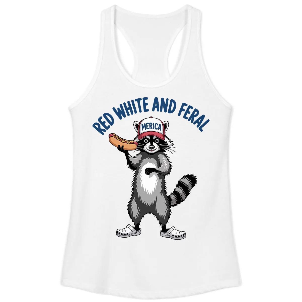 Red White and Feral Raccoon Hot Dog Ladies Tank in White