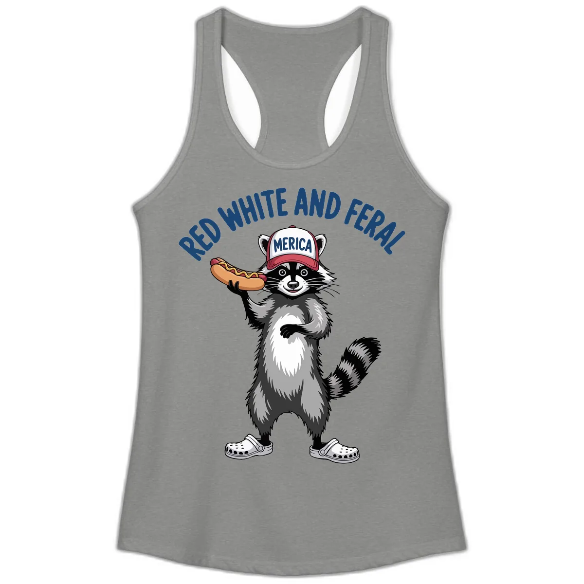 Red White and Feral Raccoon Hot Dog Ladies Tank in Heather Grey