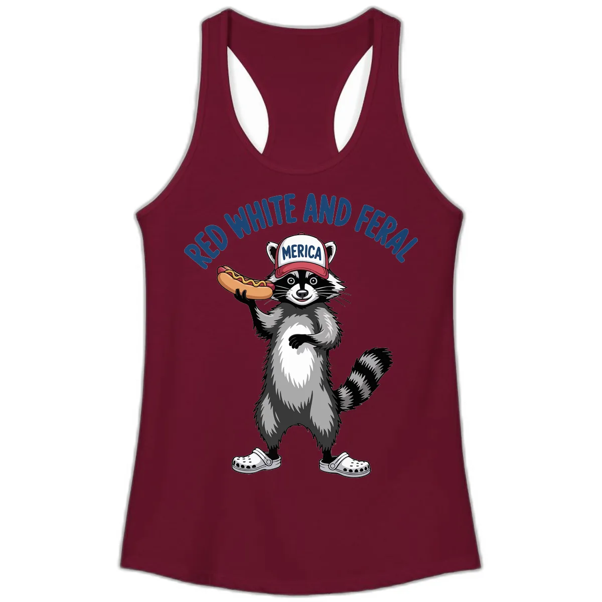 Red White and Feral Raccoon Hot Dog Ladies Tank in Solid Cardinal Red