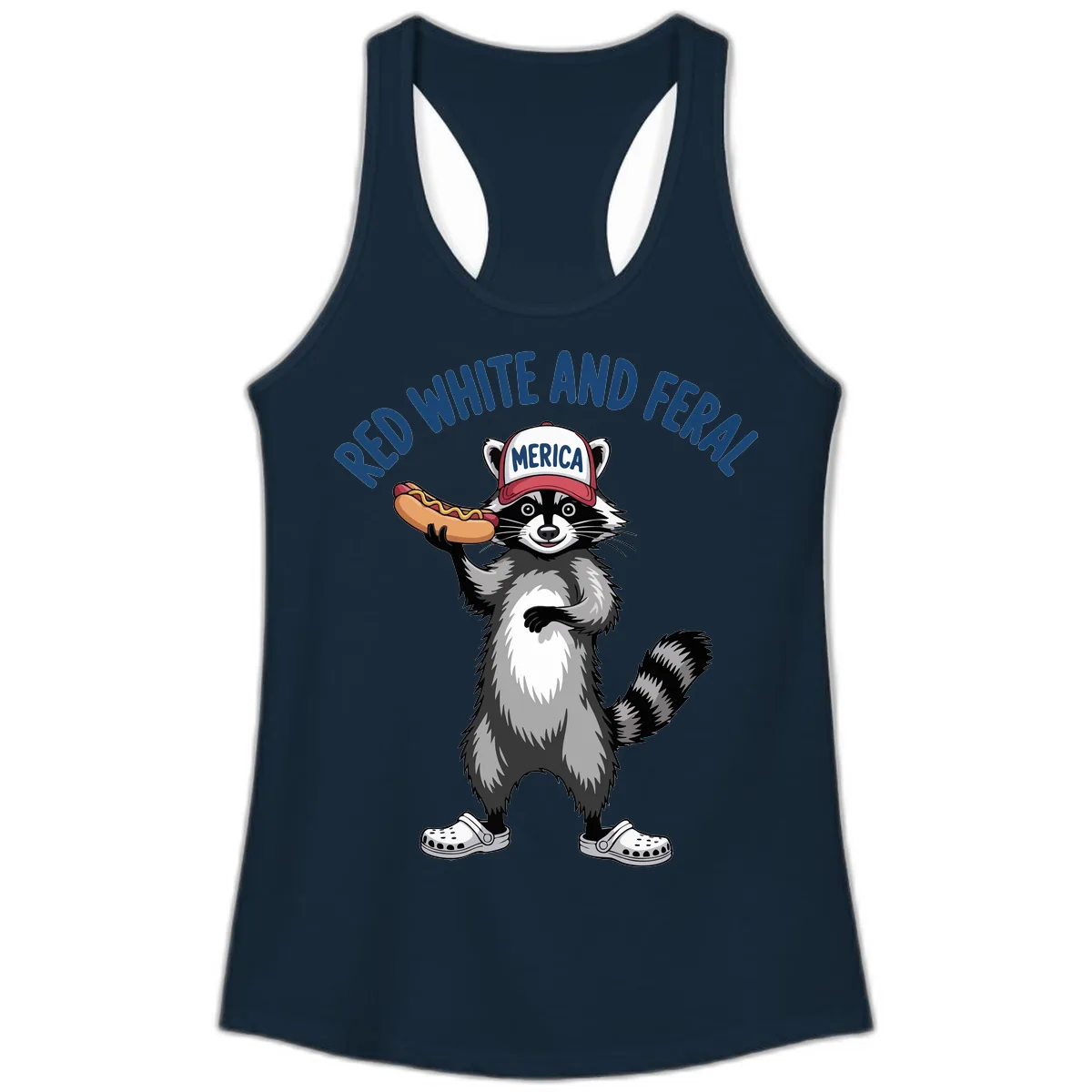 Red White and Feral Raccoon Hot Dog Ladies Tank in Solid Midnight Navy