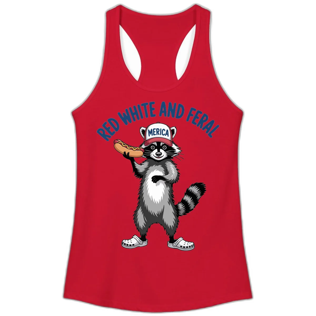 Red White and Feral Raccoon Hot Dog Ladies Tank in Solid Red