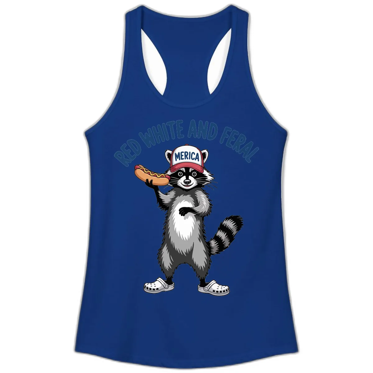 Red White and Feral Raccoon Hot Dog Ladies Tank in Solid Royal