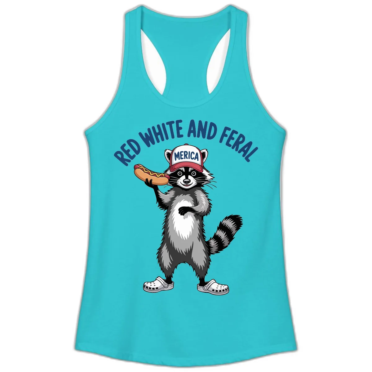 Red White and Feral Raccoon Hot Dog Ladies Tank in Solid Tahiti Blue