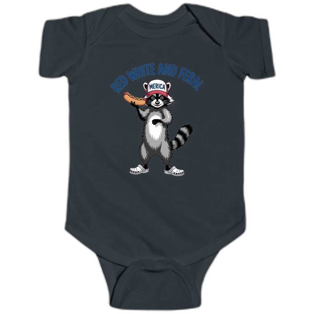 Red White and Feral Raccoon Hot Dog Baby Onesie in Black