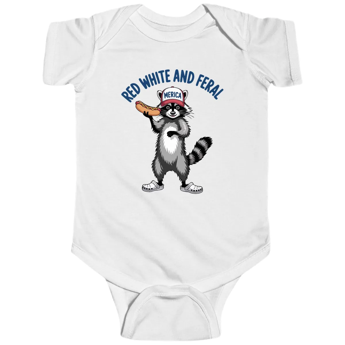 Red White and Feral Raccoon Hot Dog Baby Onesie in White