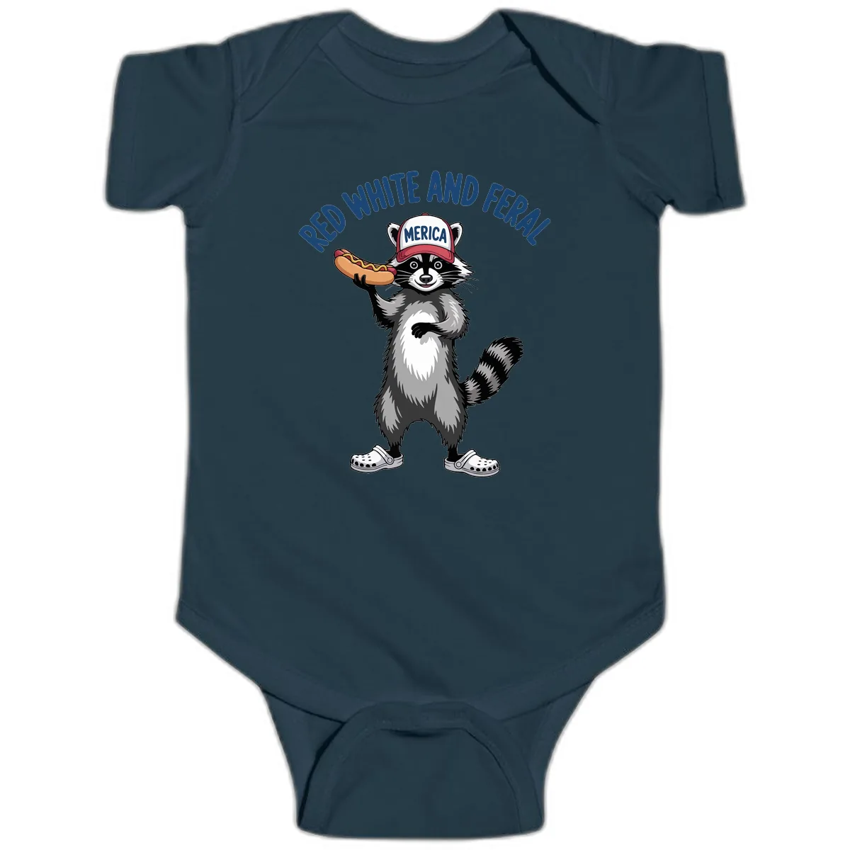 Red White and Feral Raccoon Hot Dog Baby Onesie in Navy
