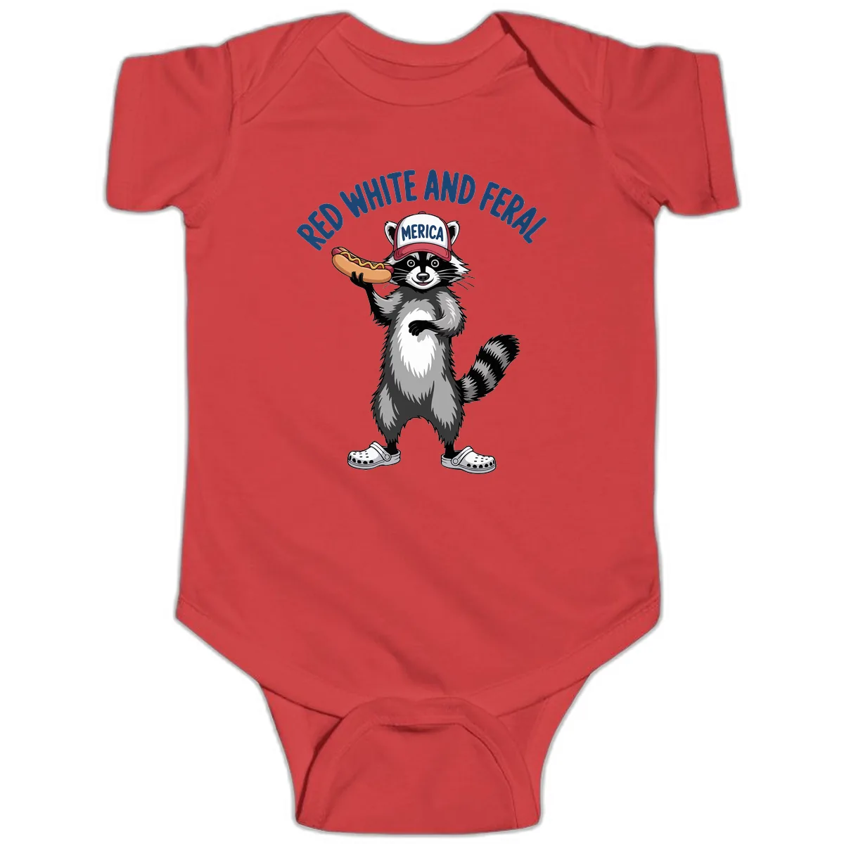Red White and Feral Raccoon Hot Dog Baby Onesie in Red