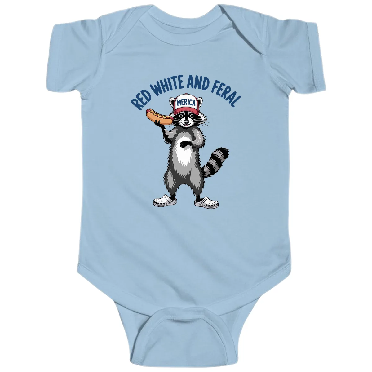 Red White and Feral Raccoon Hot Dog Baby Onesie in Light Blue
