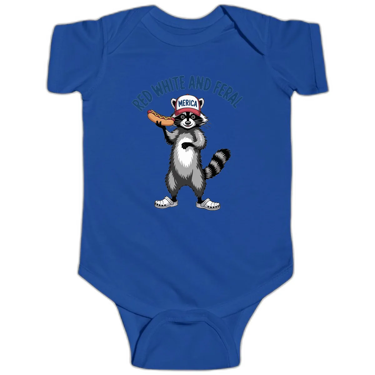Red White and Feral Raccoon Hot Dog Baby Onesie in Royal