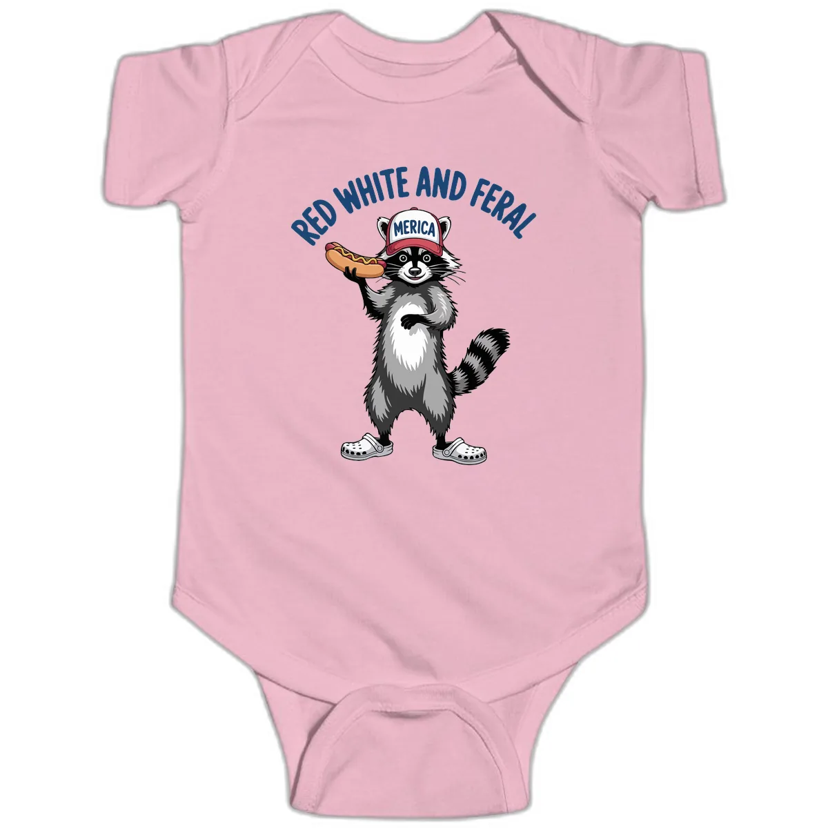 Red White and Feral Raccoon Hot Dog Baby Onesie in Pink