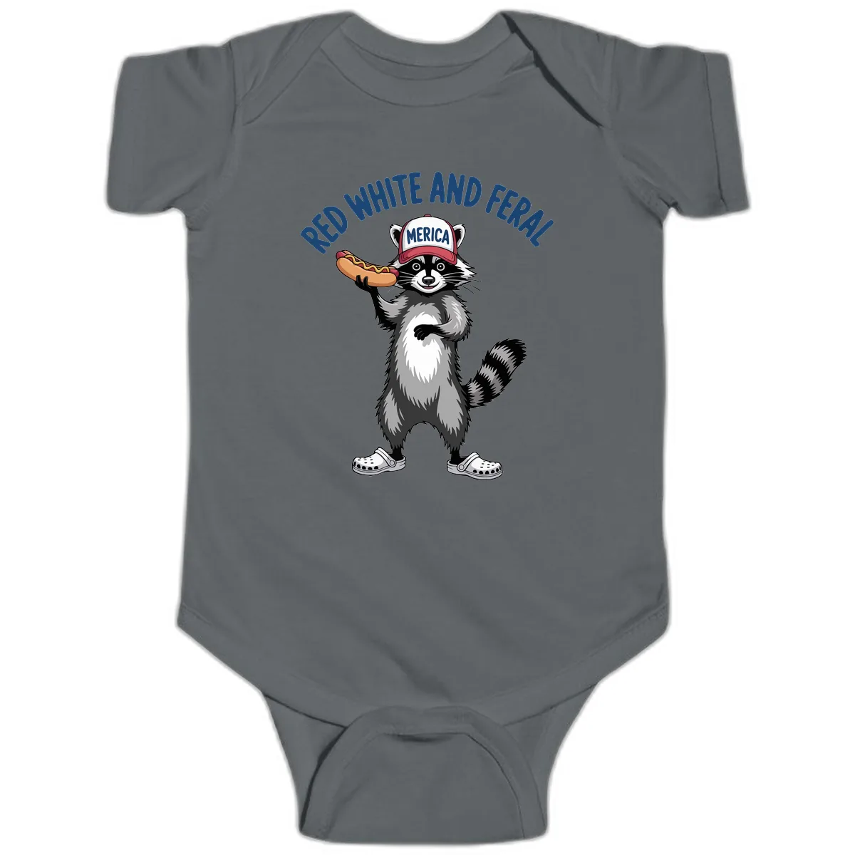 Red White and Feral Raccoon Hot Dog Baby Onesie in Charcoal