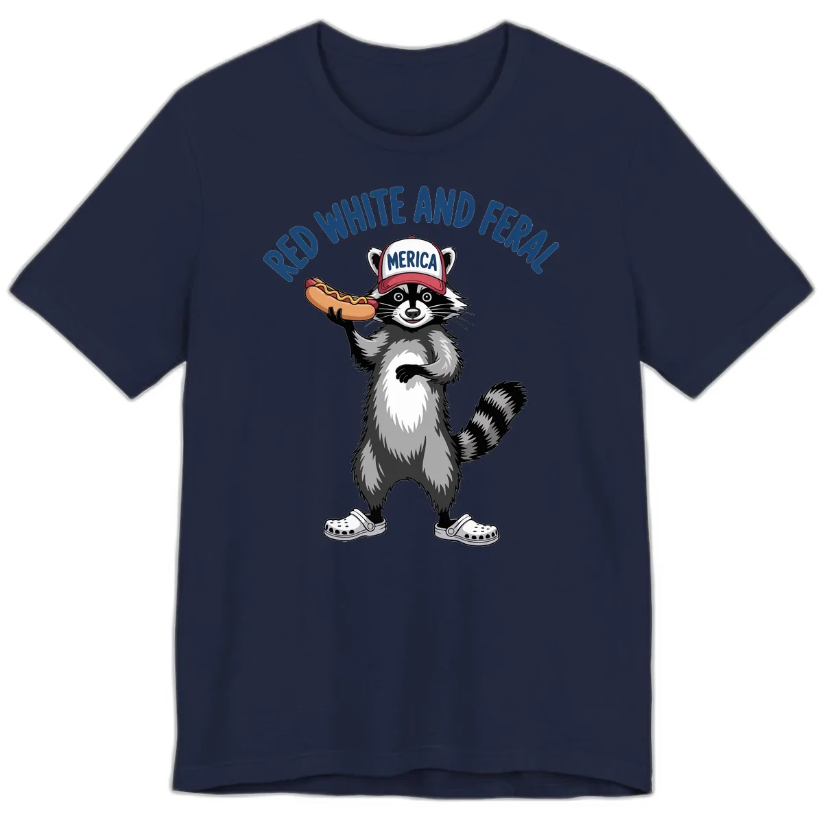 Red White and Feral Raccoon Hot Dog Premium T-Shirt in Navy
