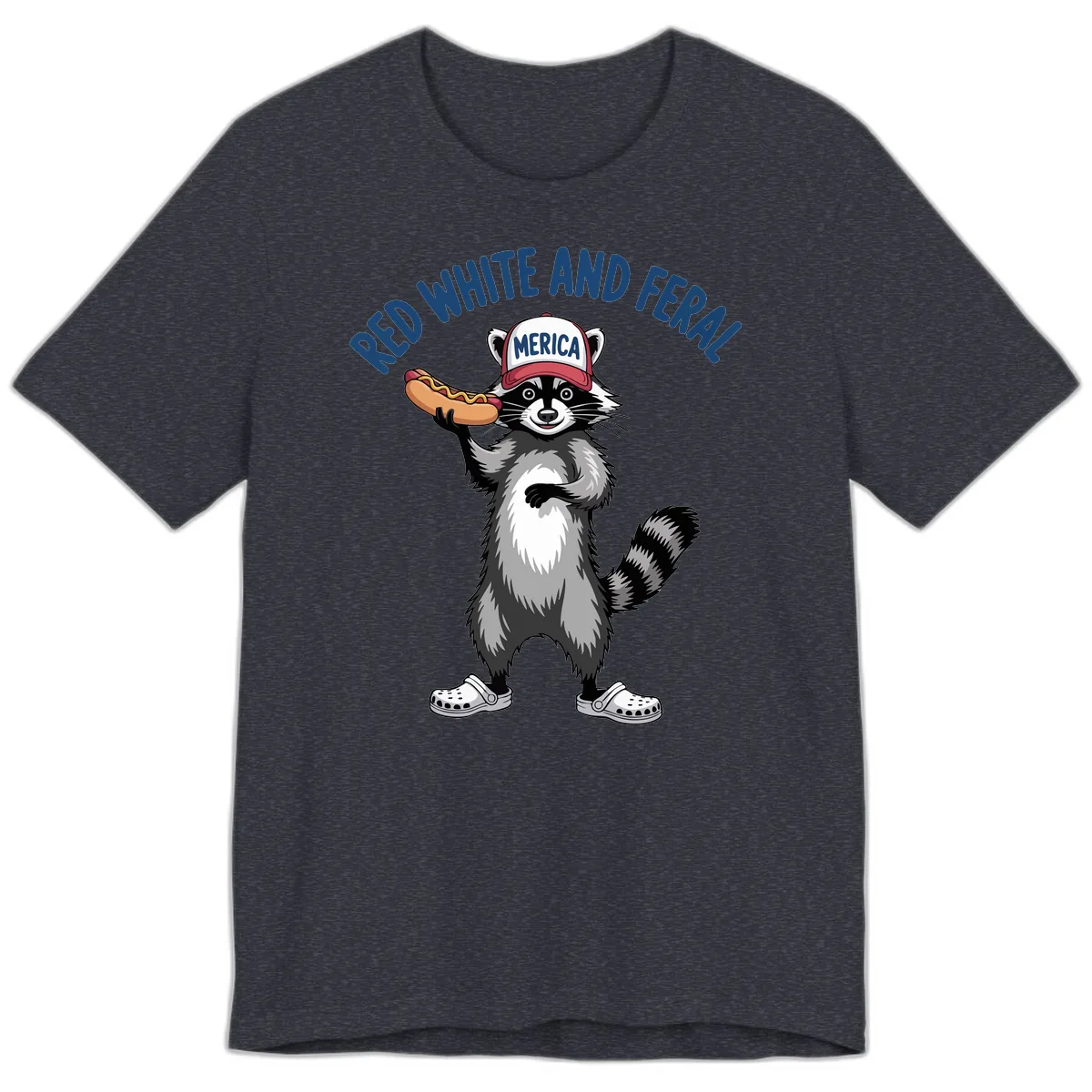 Red White and Feral Raccoon Hot Dog Premium T-Shirt in Heather Navy