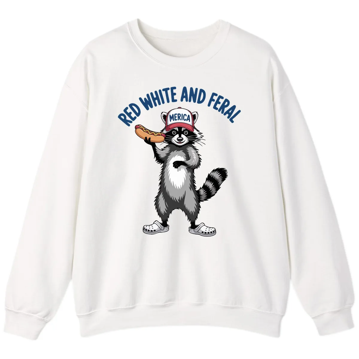 Red White and Feral Raccoon Hot Dog Sweatshirt in White