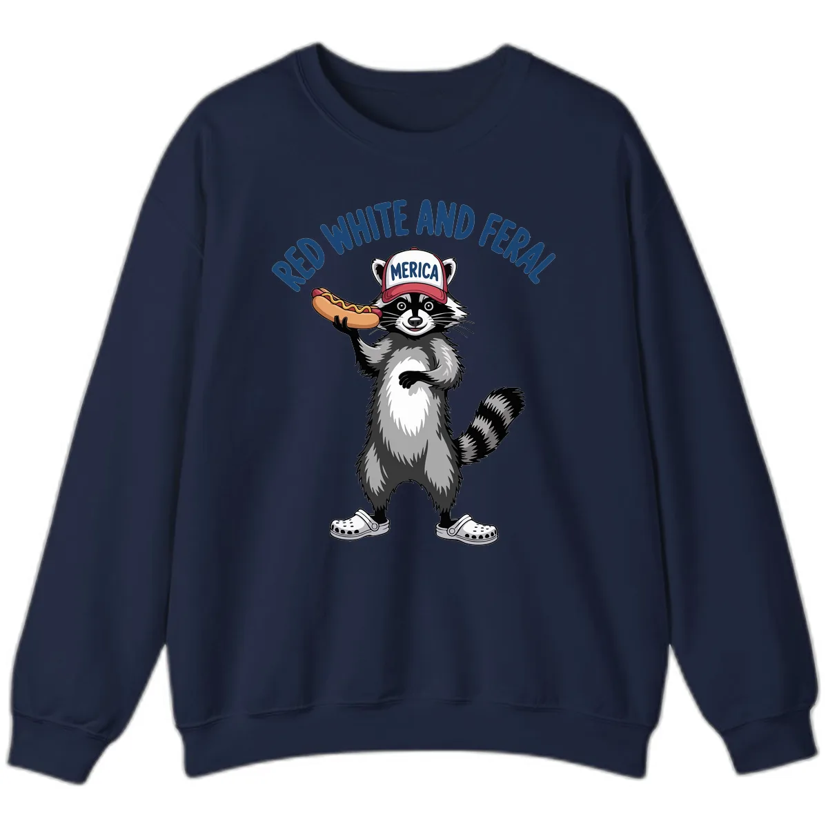 Red White and Feral Raccoon Hot Dog Sweatshirt in Navy