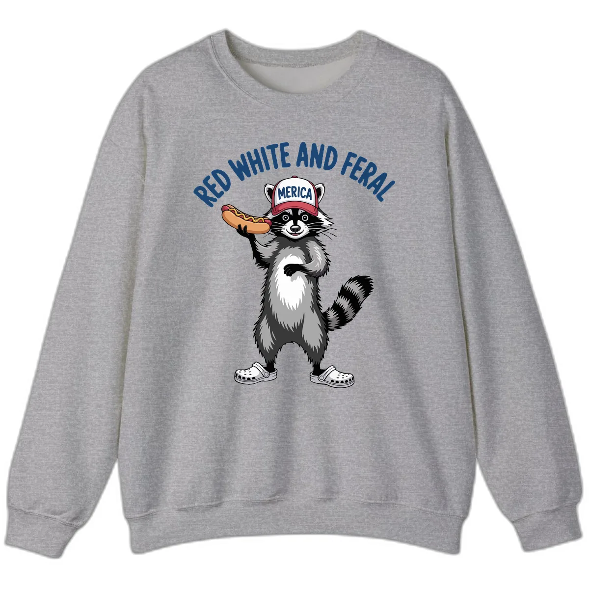 Red White and Feral Raccoon Hot Dog Sweatshirt in Sport Grey