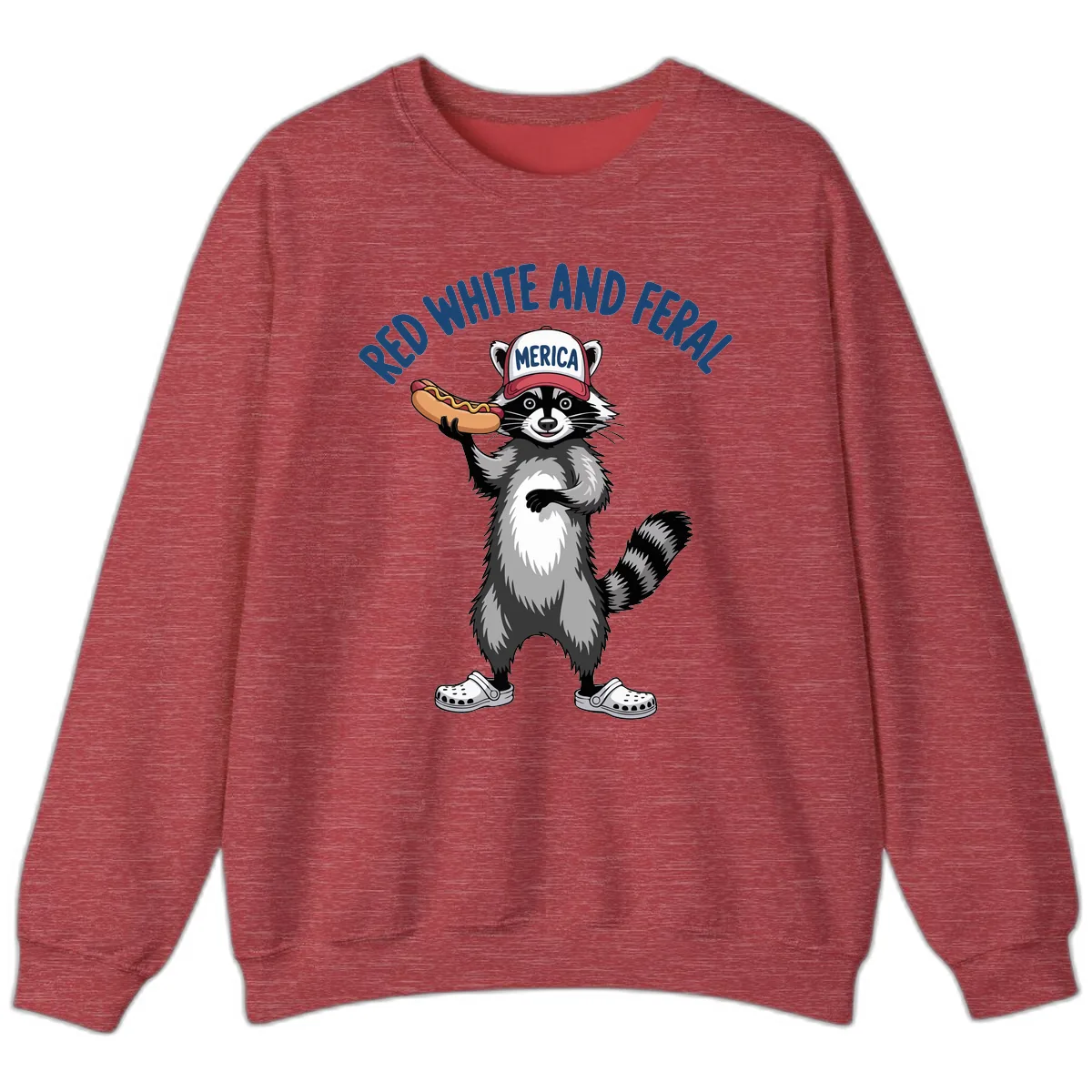 Red White and Feral Raccoon Hot Dog Sweatshirt in Heather Scarlet Red