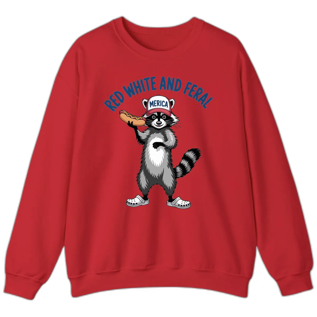 Red White and Feral Raccoon Hot Dog Sweatshirt in Red