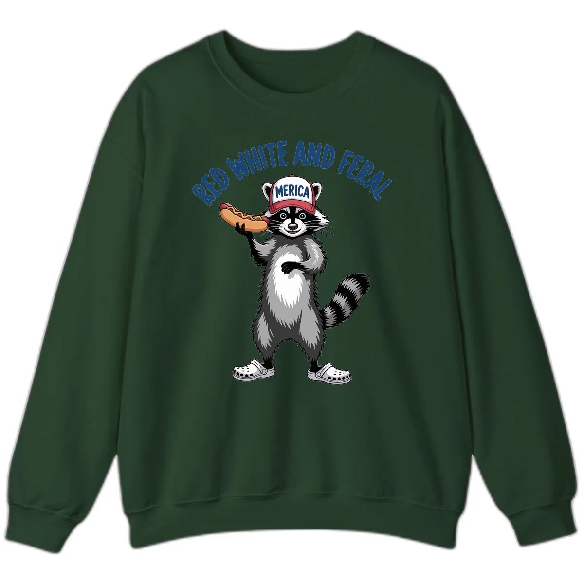 Red White and Feral Raccoon Hot Dog Sweatshirt in Forest Green