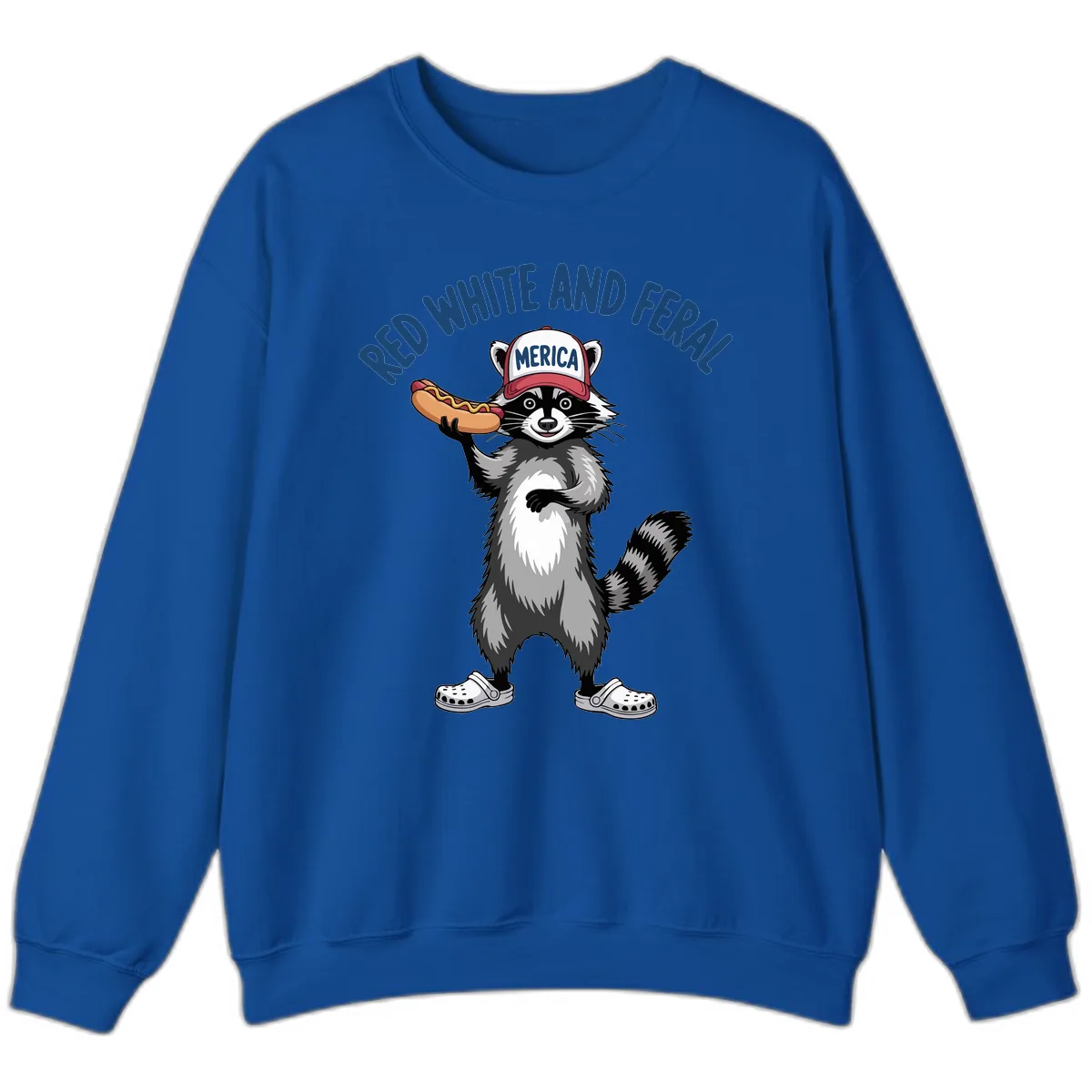 Red White and Feral Raccoon Hot Dog Sweatshirt in Royal