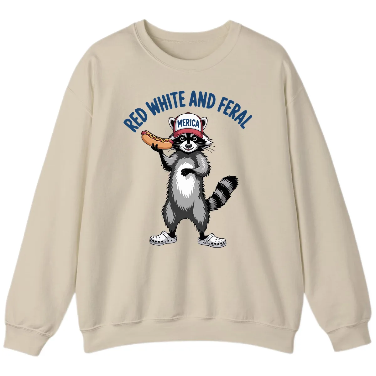 Red White and Feral Raccoon Hot Dog Sweatshirt in Sand