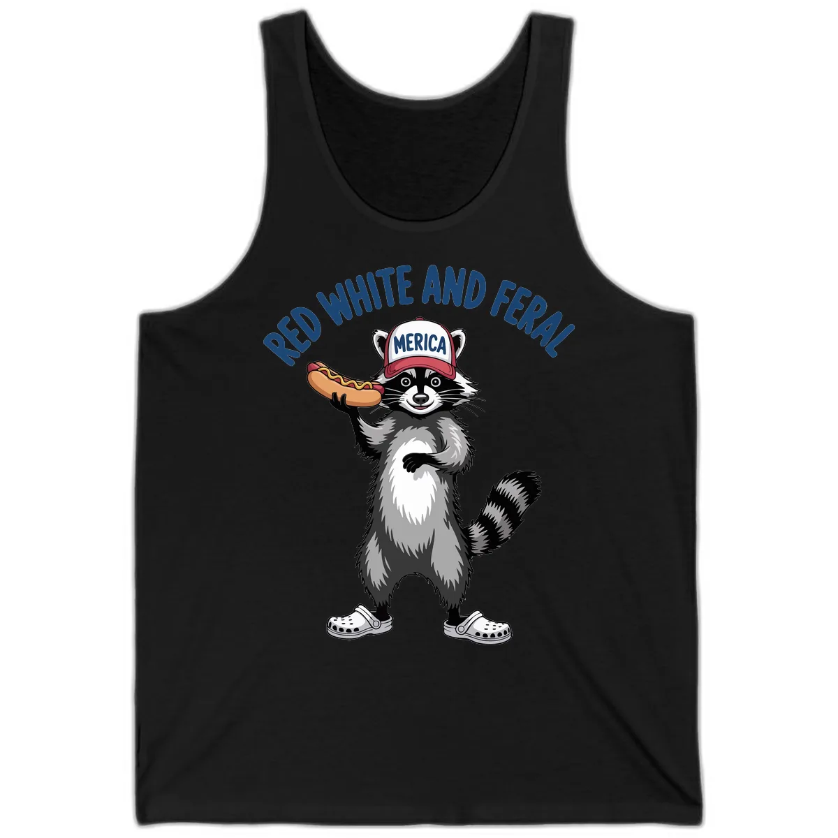 Red White and Feral Raccoon Hot Dog Tank in Black
