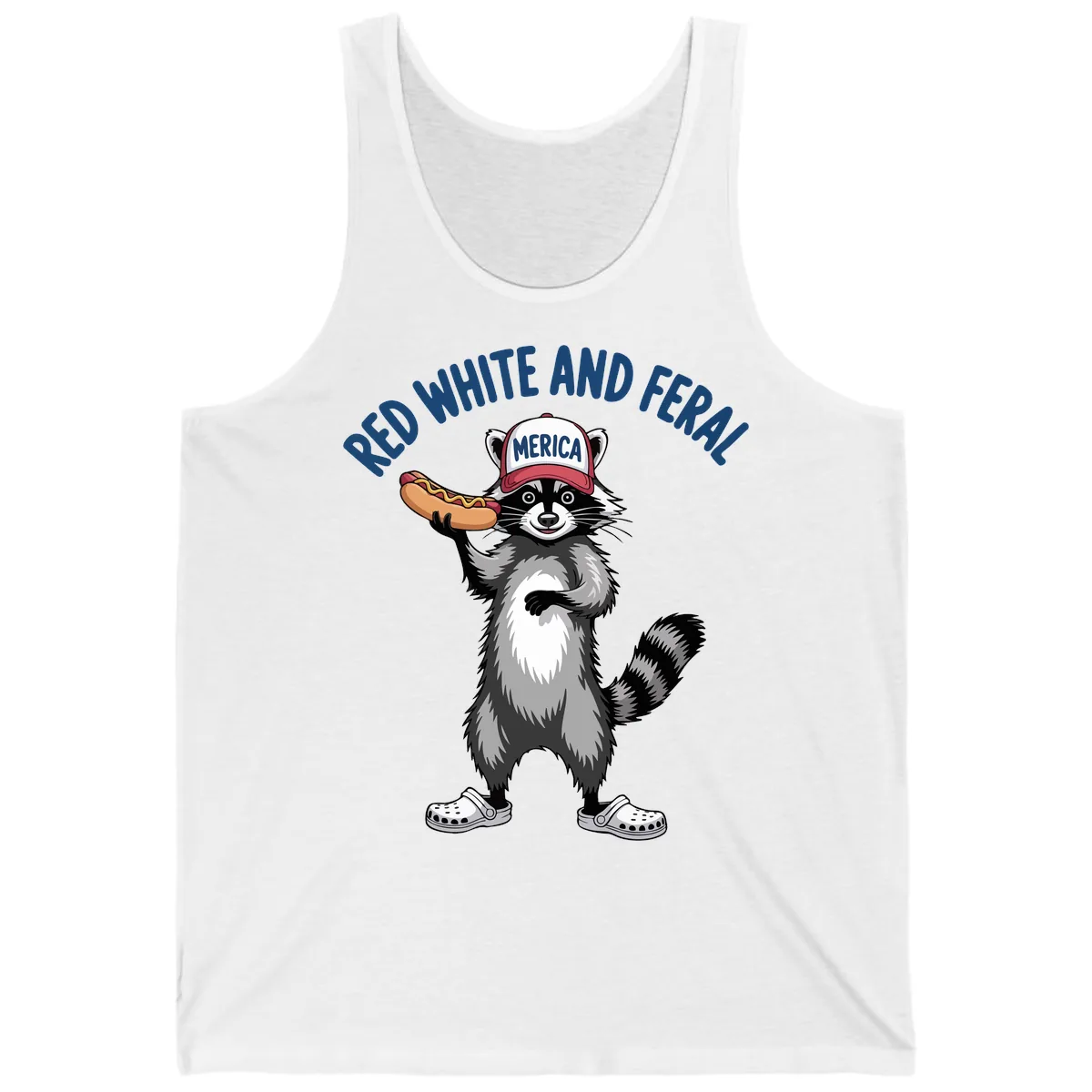 Red White and Feral Raccoon Hot Dog Tank in White