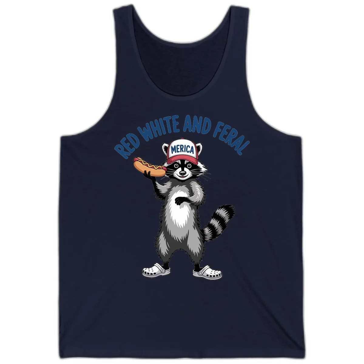 Red White and Feral Raccoon Hot Dog Tank in Navy