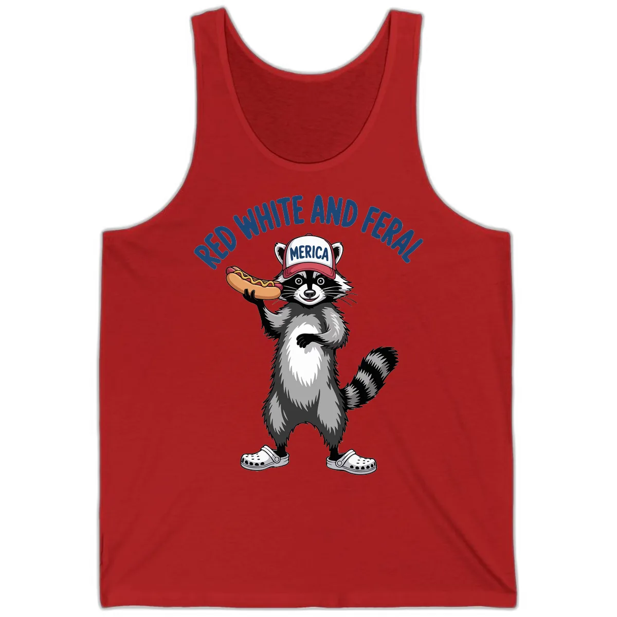 Red White and Feral Raccoon Hot Dog Tank in Red