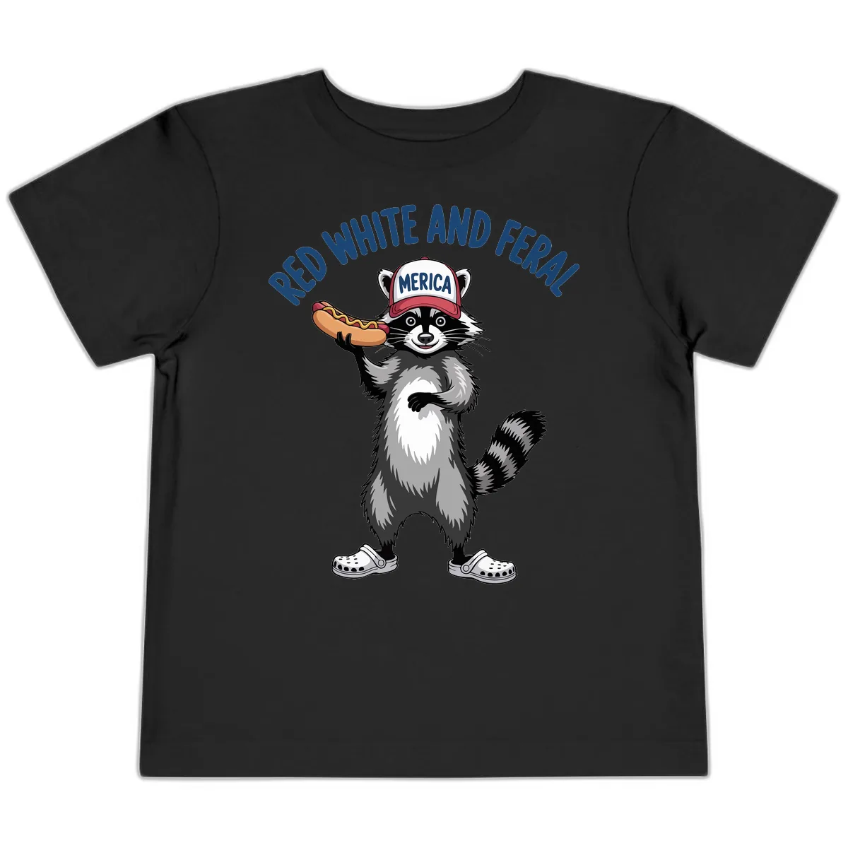 Red White and Feral Raccoon Hot Dog Toddler T-Shirt in Black
