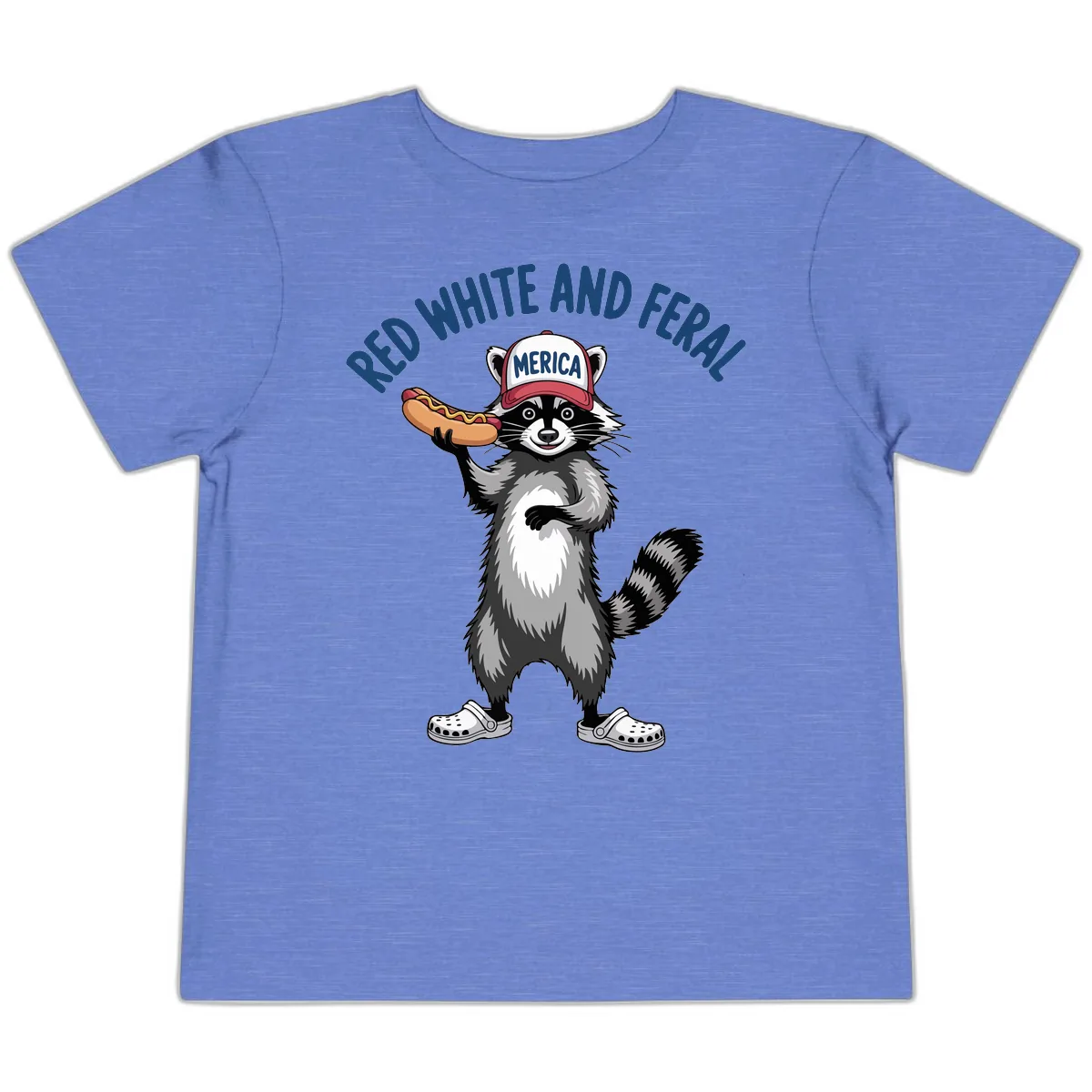 Red White and Feral Raccoon Hot Dog Toddler T-Shirt in Heather Columbia Blue