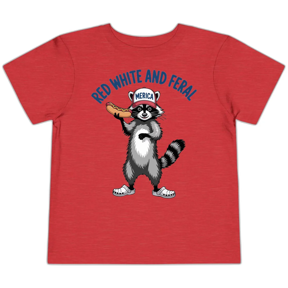 Red White and Feral Raccoon Hot Dog Toddler T-Shirt in Heather Red
