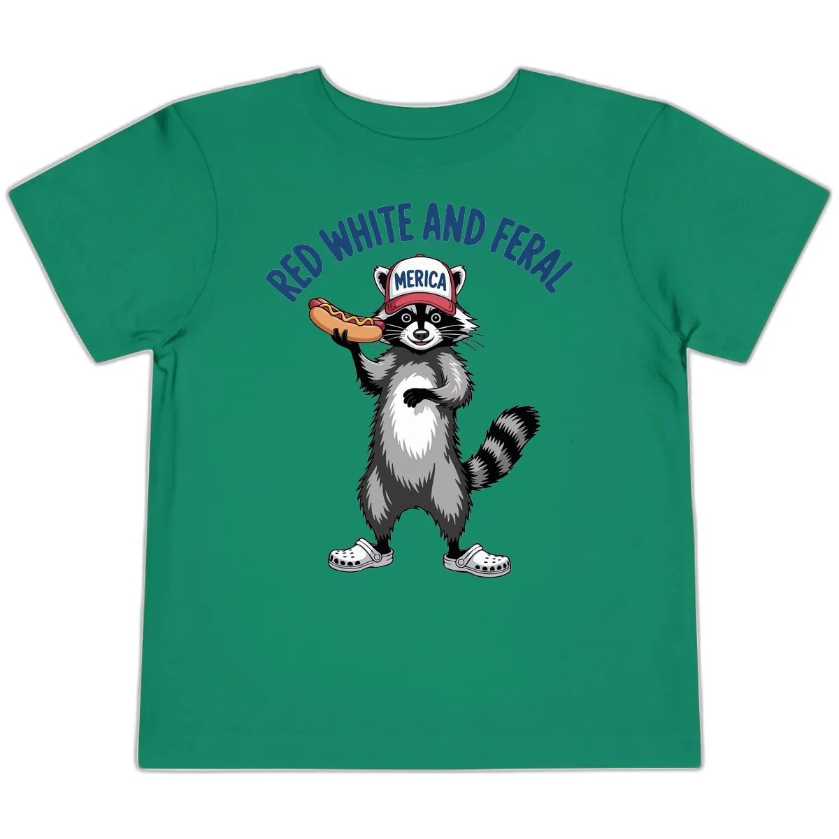 Red White and Feral Raccoon Hot Dog Toddler T-Shirt in Kelly