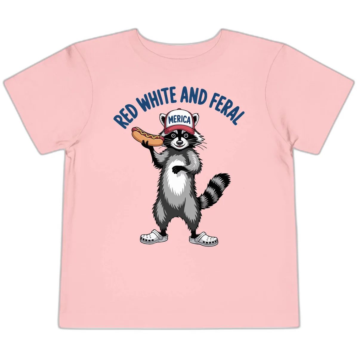 Red White and Feral Raccoon Hot Dog Toddler T-Shirt in Pink