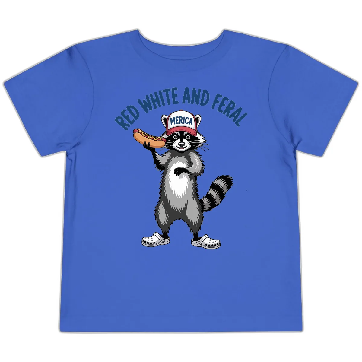 Red White and Feral Raccoon Hot Dog Toddler T-Shirt in True Royal