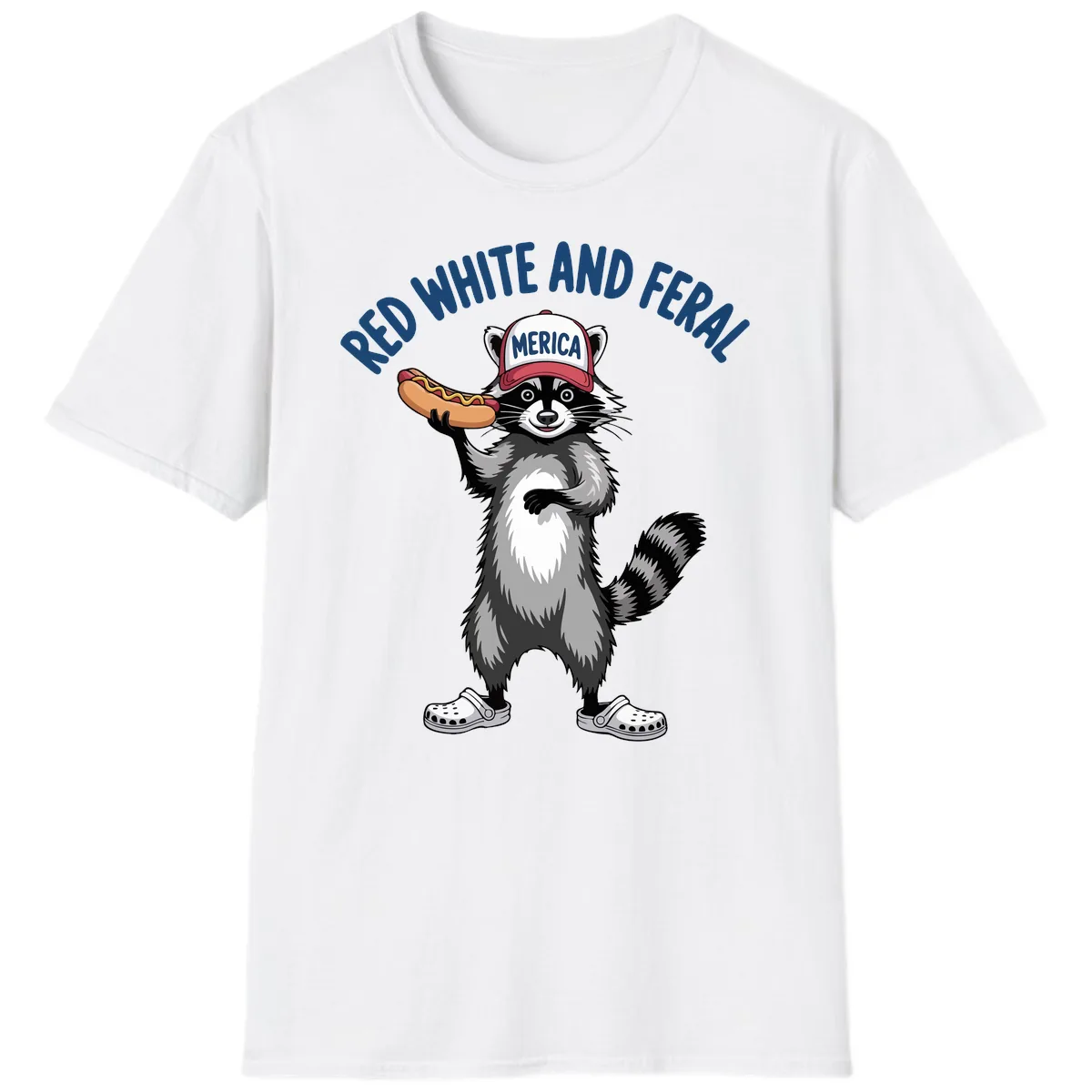 Red White and Feral Raccoon Hot Dog T-Shirt in White