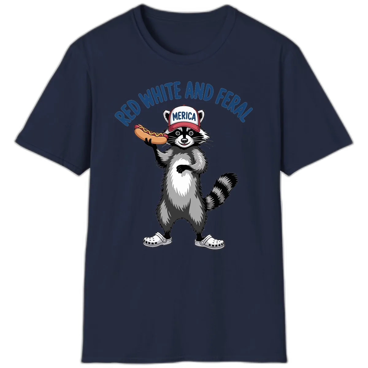 Red White and Feral Raccoon Hot Dog T-Shirt in Navy