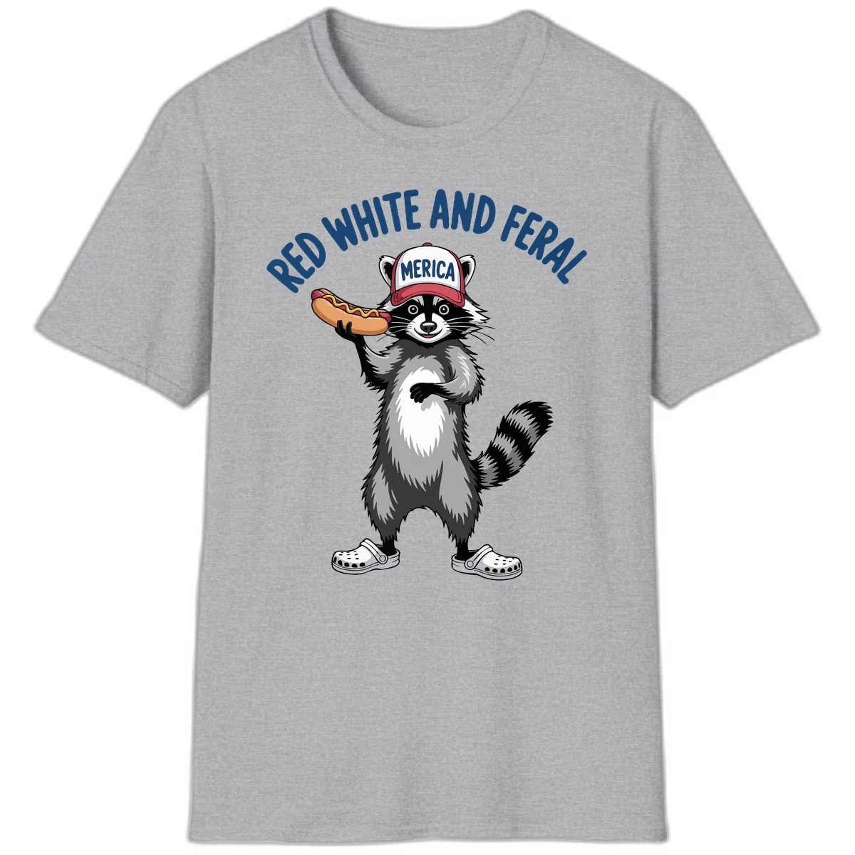 Red White and Feral Raccoon Hot Dog T-Shirt in Sport Grey