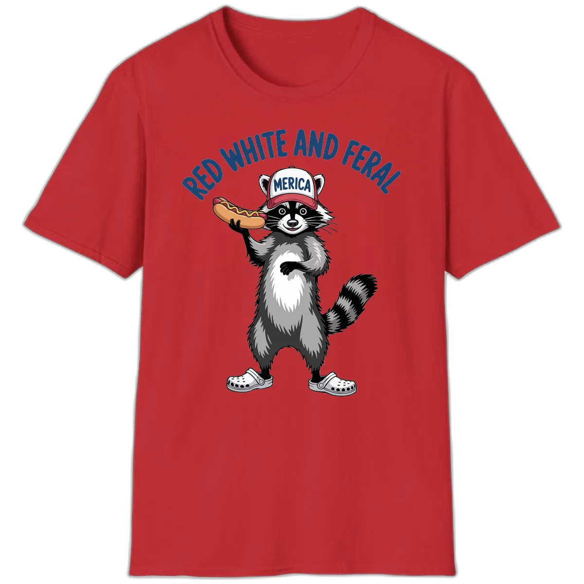 Red White and Feral Raccoon Hot Dog T-Shirt in Red