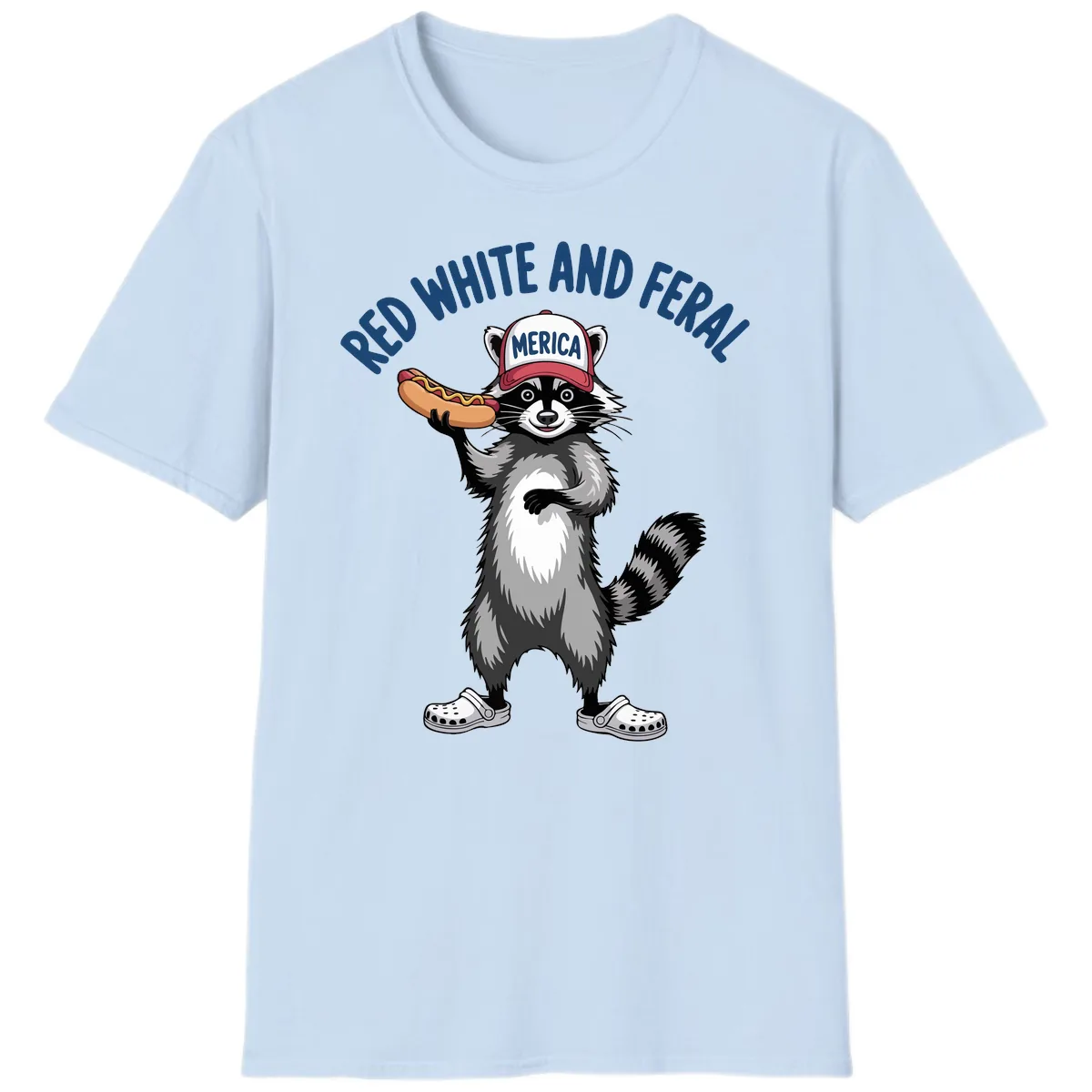 Red White and Feral Raccoon Hot Dog T-Shirt in Light Blue