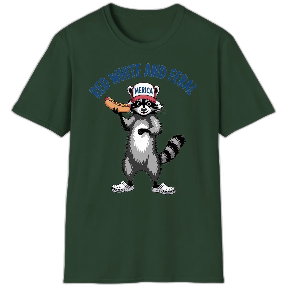 Red White and Feral Raccoon Hot Dog T-Shirt in Forest Green