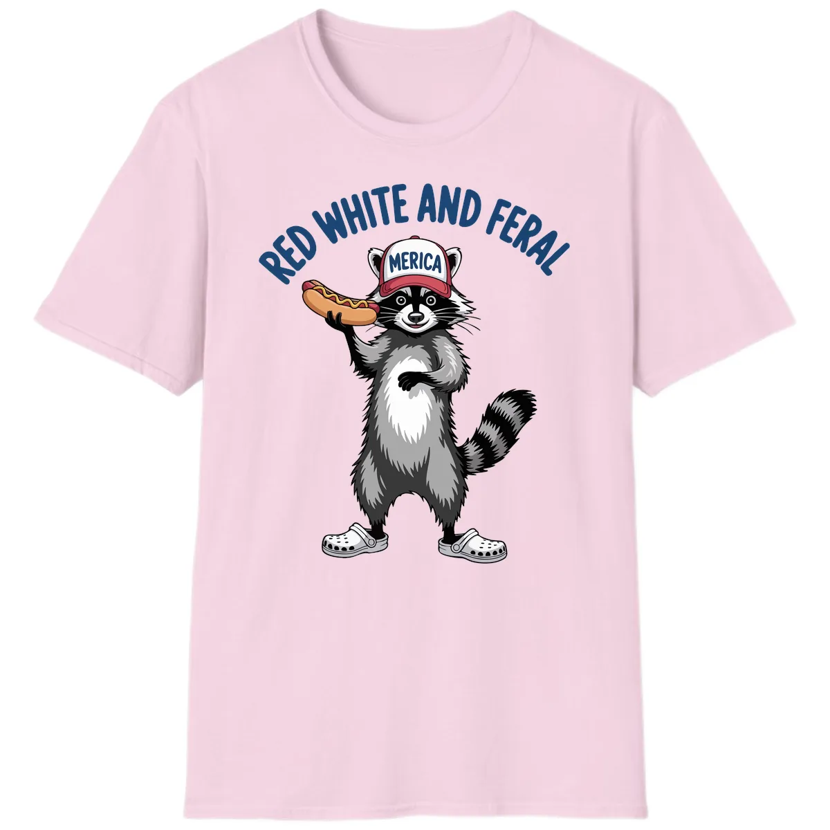Red White and Feral Raccoon Hot Dog T-Shirt in Light Pink