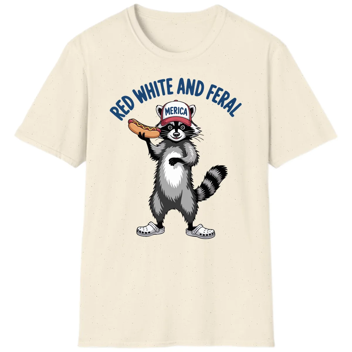 Red White and Feral Raccoon Hot Dog T-Shirt in Natural